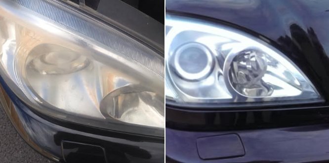 Mercedes-Benz headlight restoration before and after photo in Essex